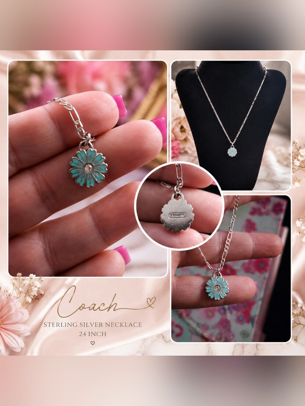 ✨️Coach Sterling Silver Turquoise Enamel Daisy Pendant Necklace